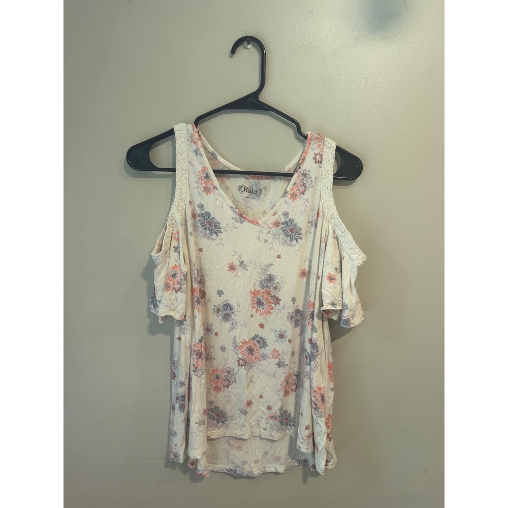 Mudd Womens Floral Cold Shoulder Top Medium Cream Crochet Lace V-Neck